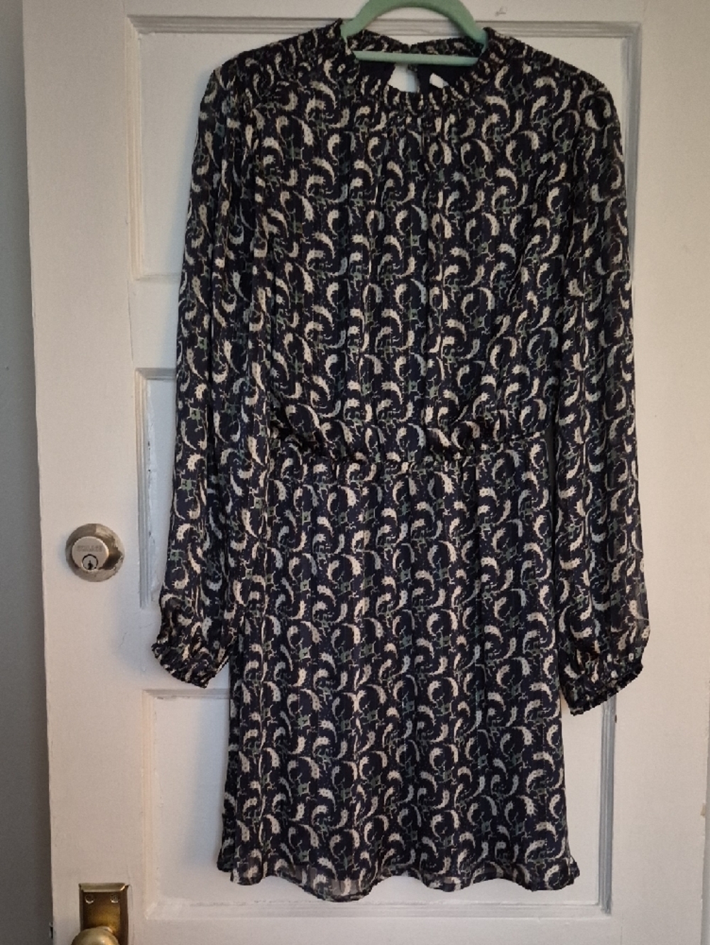NWT Navy Blue Green Cream Abstract Floral Paisley Elastic Waist Dress LARGE
